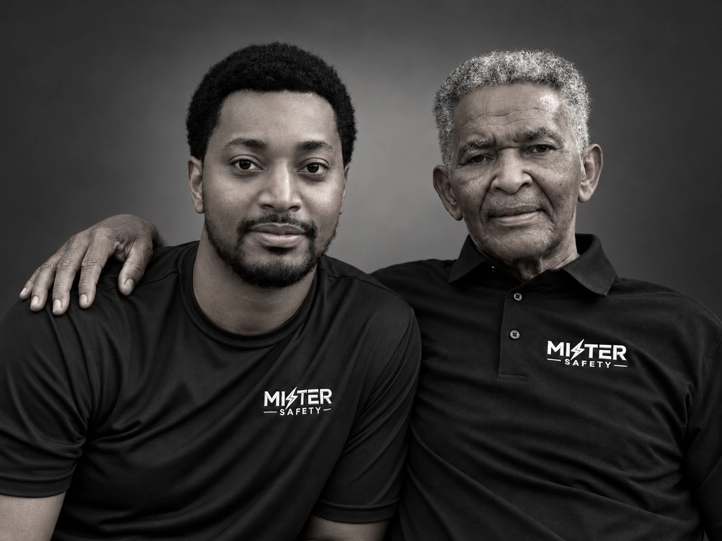 Joshua, left, with his grandpa Carl Barclay, both wearing Mister Safety shirts.