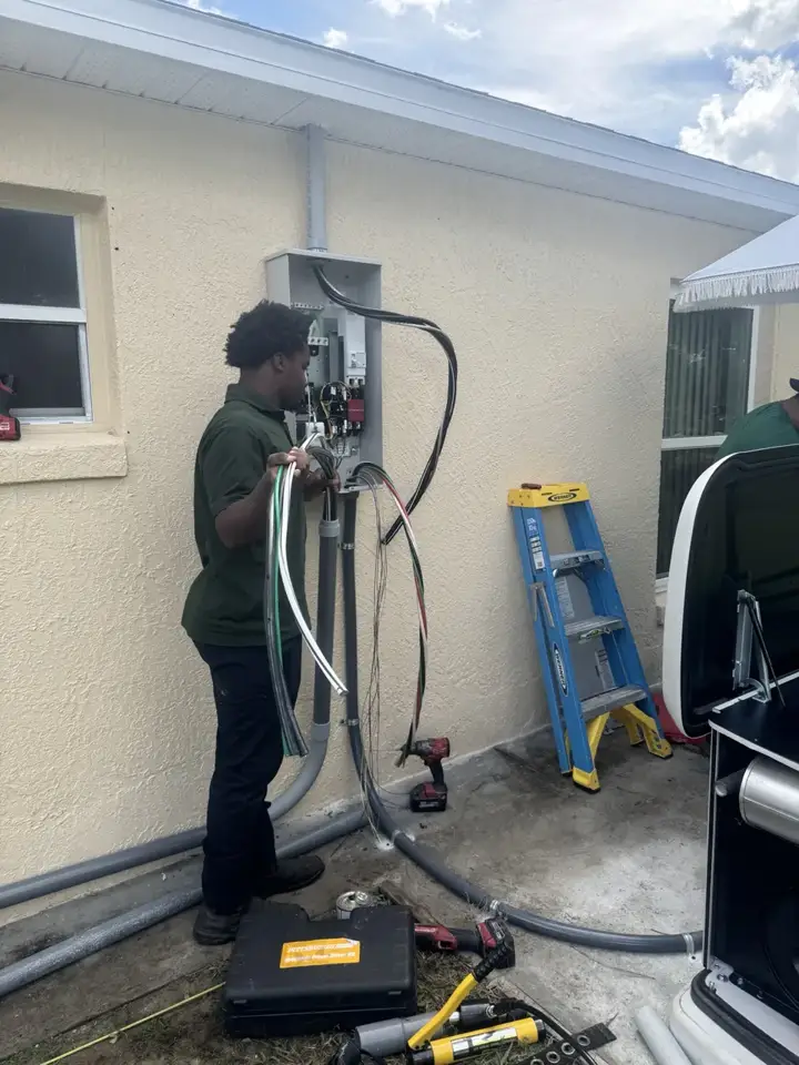Transfer-switch wiring in progress during a Mister Safety generator installation.
