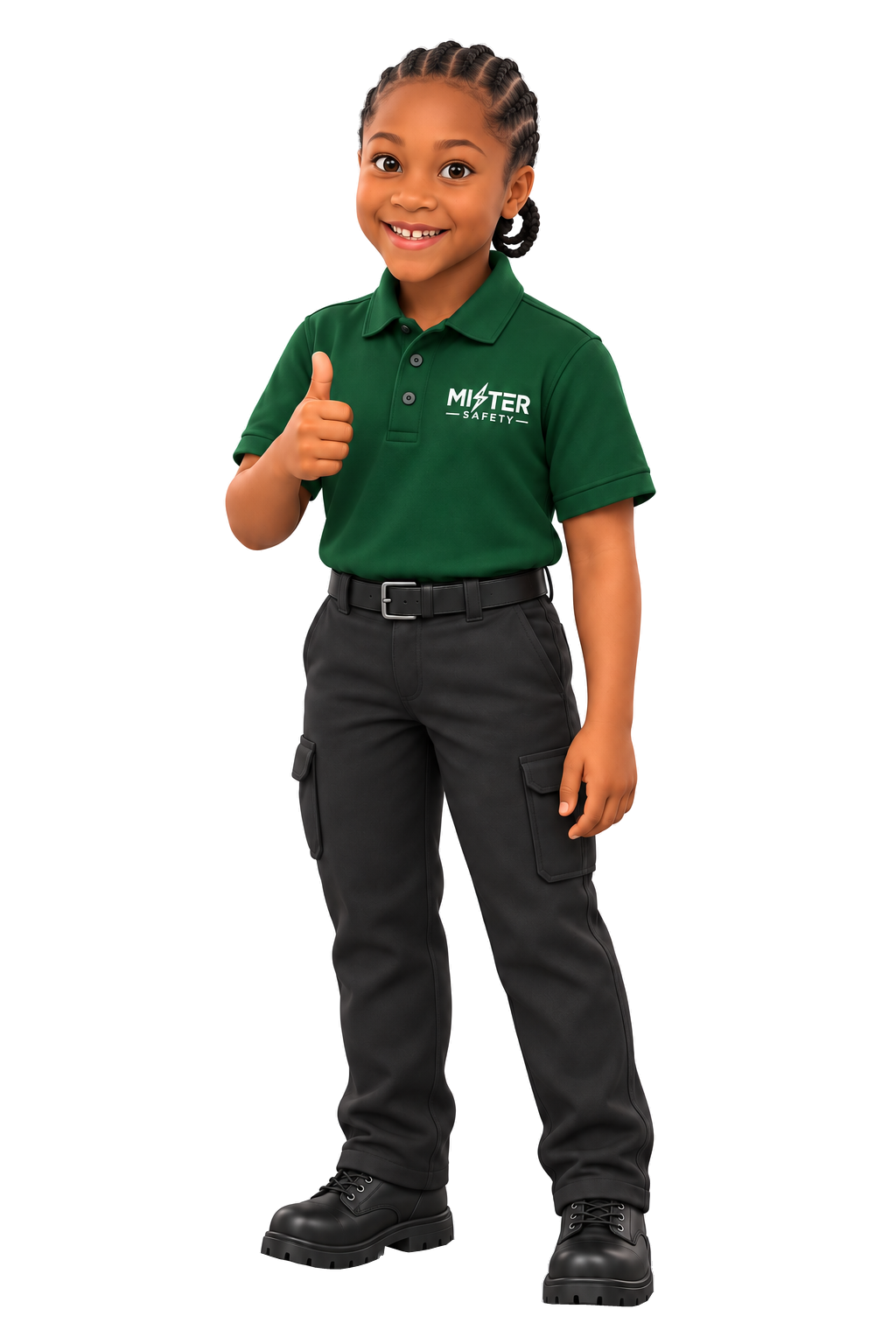 Solilyanna smiling and giving a thumbs-up in her green Mister Safety uniform